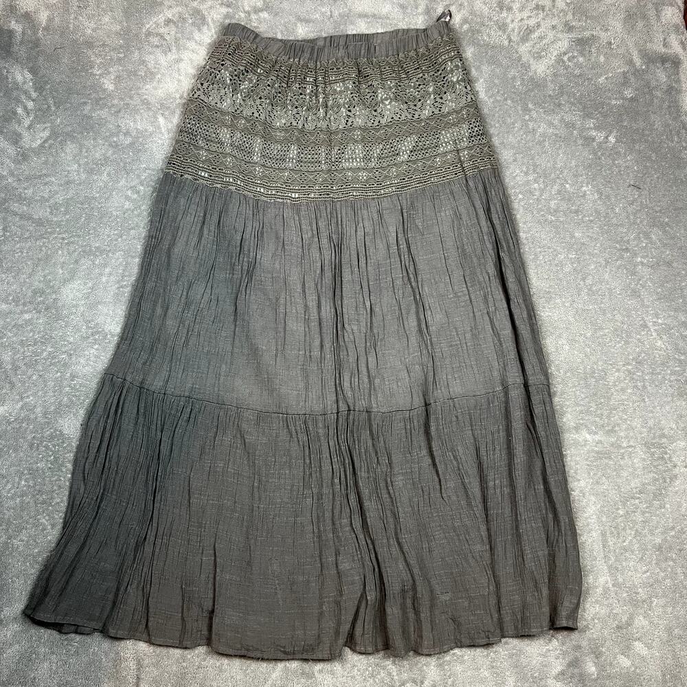 J.Crew Tiered Maxi Skirt Womens L Gray Embroidered Lined Rayon Eyelet Lace-Trim